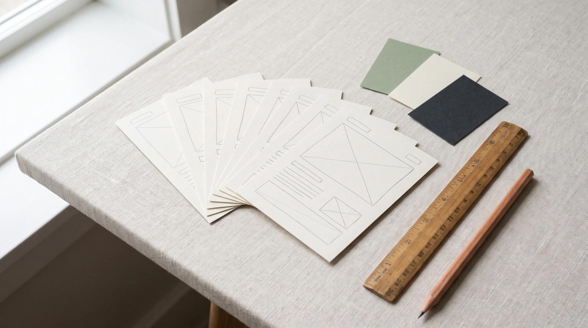 Paper layout sketches, color swatches, a wooden ruler and a pencil on a linen desk