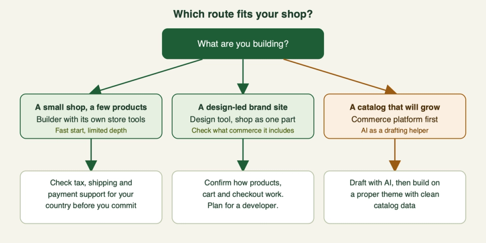 A flow diagram. Starting from what are you building, three routes: a small shop with a few products on a builder with store tools; a design-led brand site with the shop as one part; a growing catalog on a commerce platform first with AI as a drafting helper.