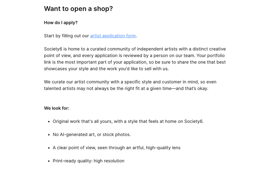 A Society6 help page listing what it looks for in applicants, including original work and no AI-generated art or stock photos