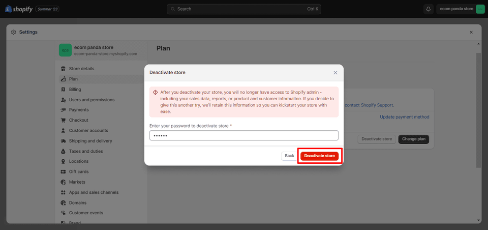 how to delete shopify account