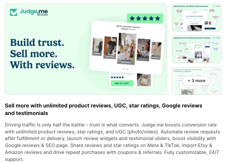 The Judge.me listing on the Shopify App Store, showing its feature summary