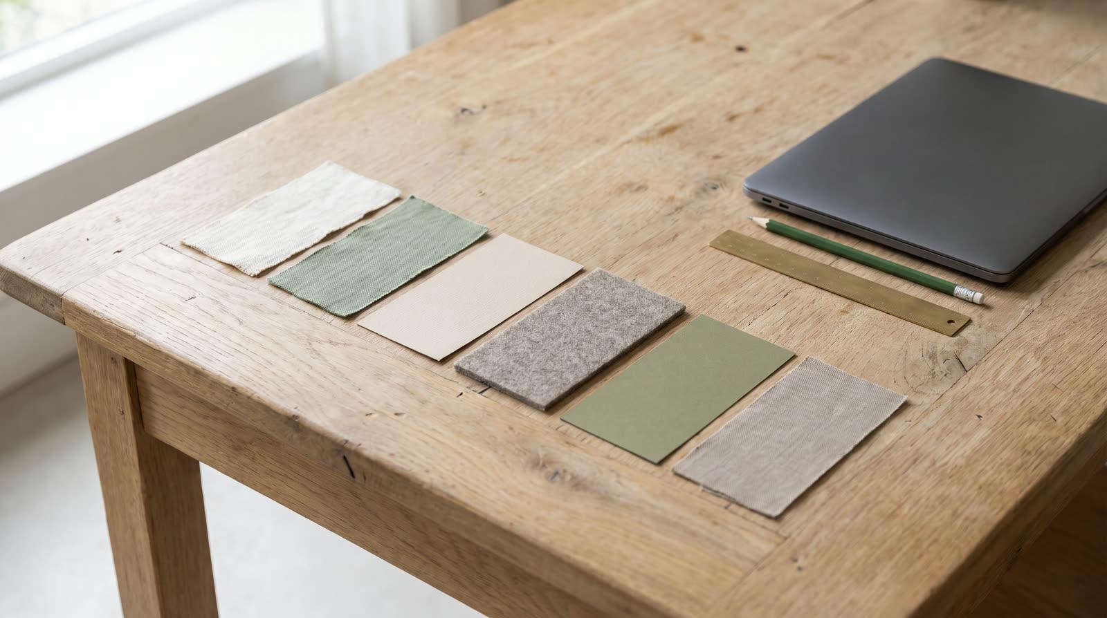 Six fabric and paper swatches laid out in a row on an oak table beside a closed laptop, a brass ruler and a green pencil