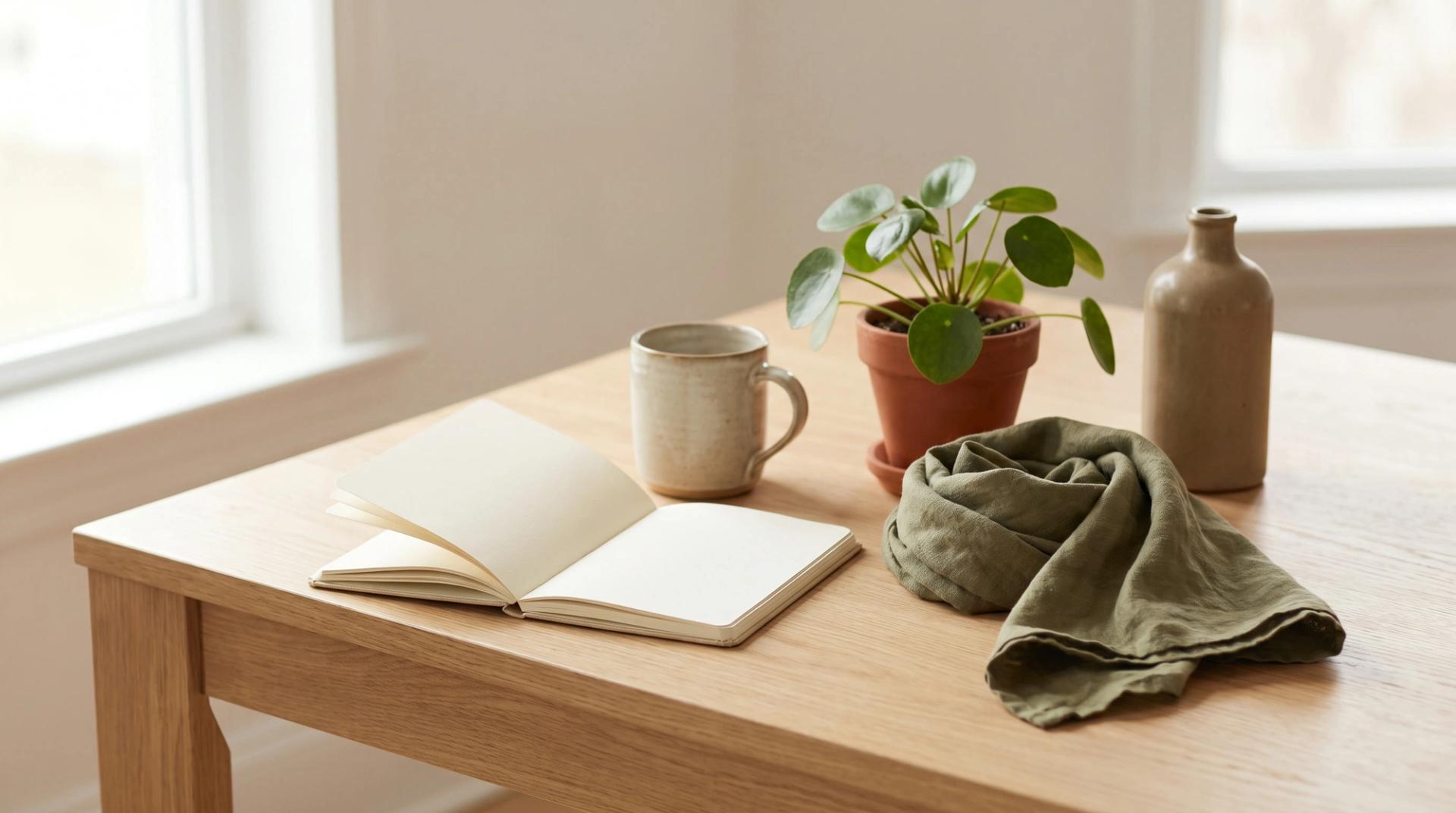 Open blank notebook, ceramic mug, small plant and linen cloth on a pale wooden desk in soft window light