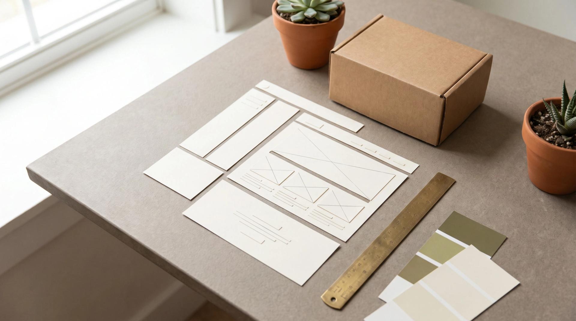 Paper wireframe cut-outs of a web page layout beside a plain cardboard shipping box, a brass ruler and colour swatches on a grey desk