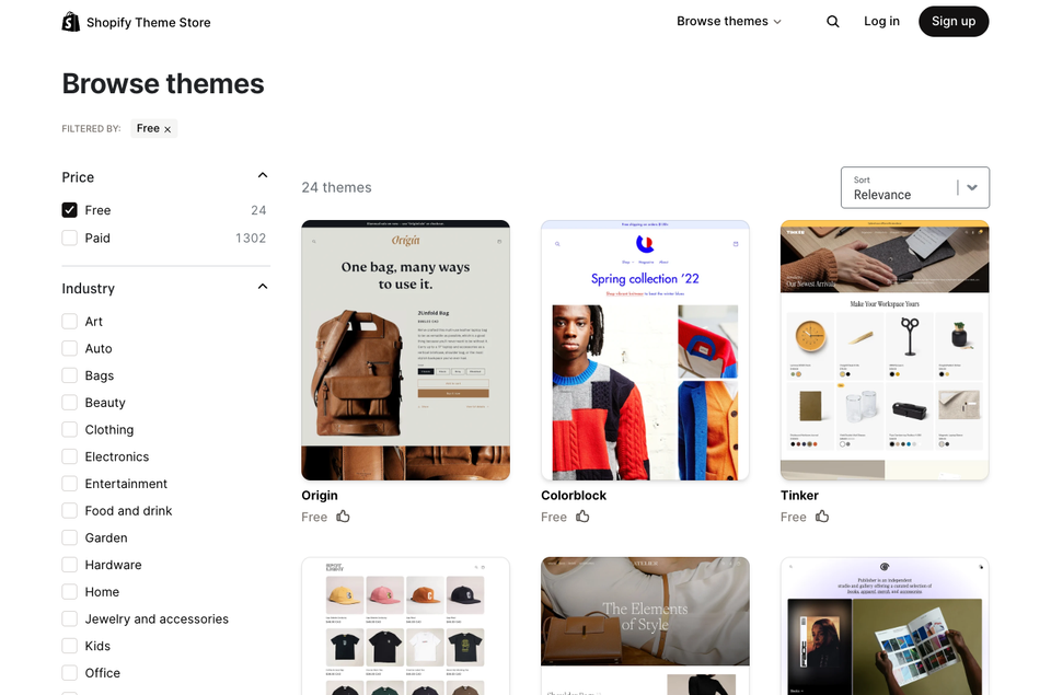 The Shopify Theme Store filtered to free themes