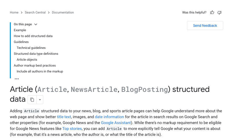 Google Search Central page for Article structured data