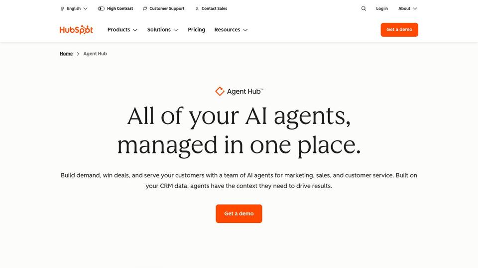 Screenshot of the HubSpot Agent Hub page, taken on 16 October 2026
