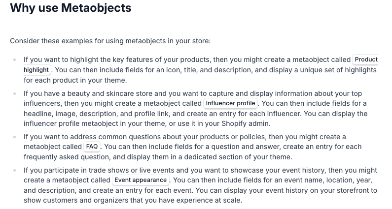 A list of metaobject examples from the Shopify Help Center: product highlight, influencer profile, FAQ and event appearance