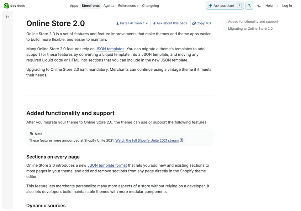Shopify's Online Store 2.0 docs page stating that upgrading is not mandatory