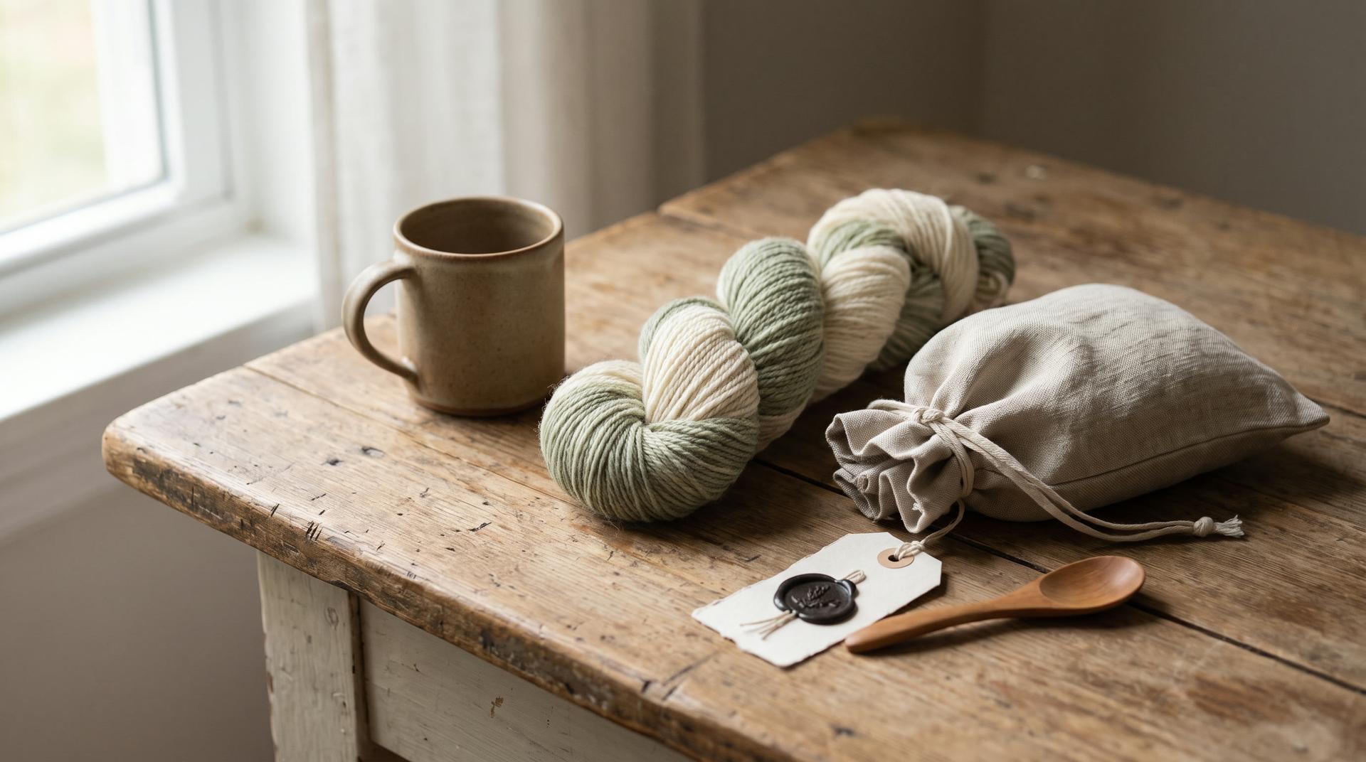 Handmade goods on a worn wooden table: a ceramic mug, green and cream wool yarn, a wax-sealed paper tag and a wooden spoon