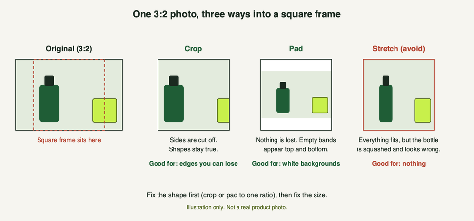 Diagram comparing crop, pad and stretch when a 3:2 photo goes into a square frame; crop cuts the sides, pad adds empty bands, stretch squashes the product