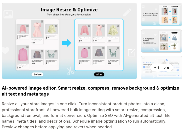 The VF Image Resizer+ listing on the Shopify App Store, showing a before and after grid of product photos and the description of smart resize and compress