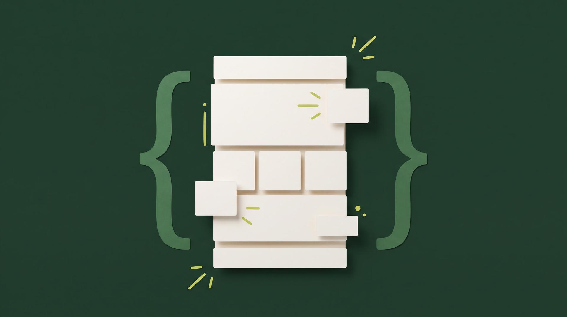 Flat illustration of stacked white template tiles framed by two large curly braces on a deep green background