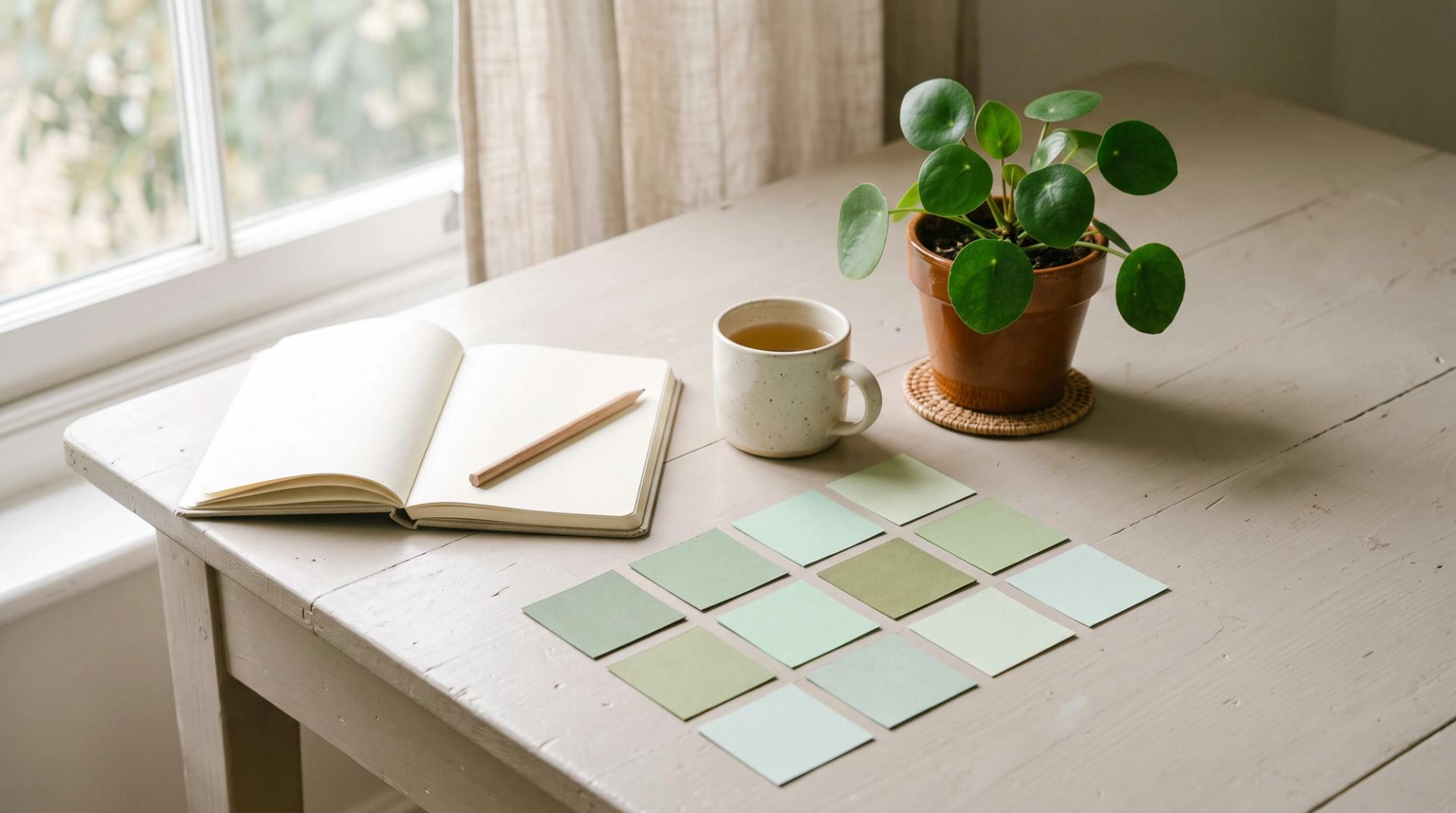 Loose paper tiles in several shades of green laid out in a tidy grid beside a blank notebook, a pencil and a ceramic mug on a pale desk