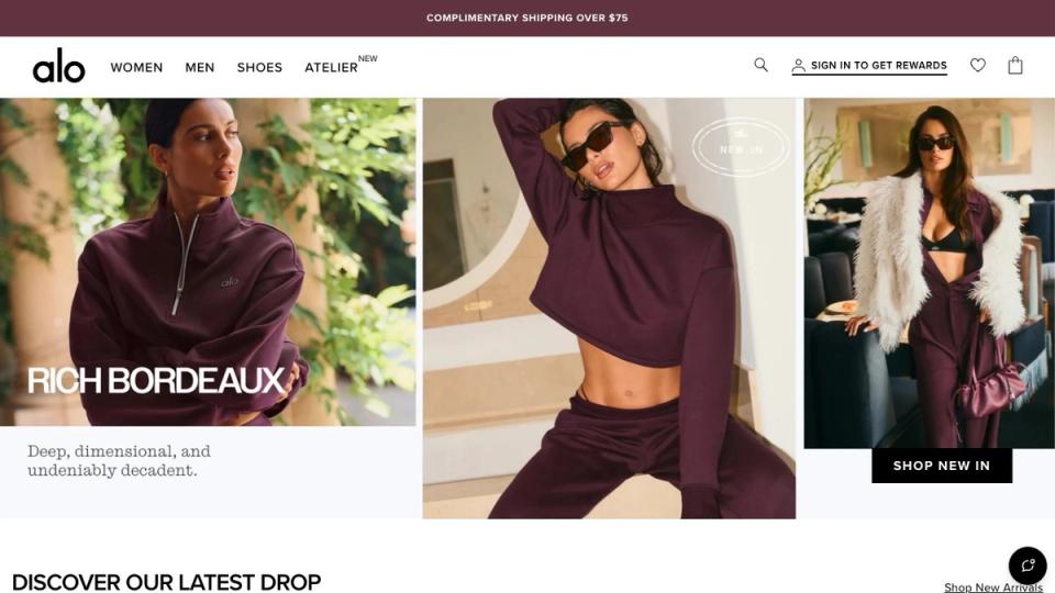 Screenshot of the Alo Yoga homepage, taken on 16 October 2026