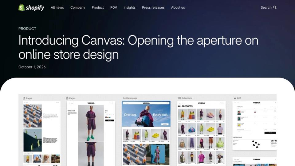 Screenshot of the Shopify Canvas announcement, taken on 16 October 2026