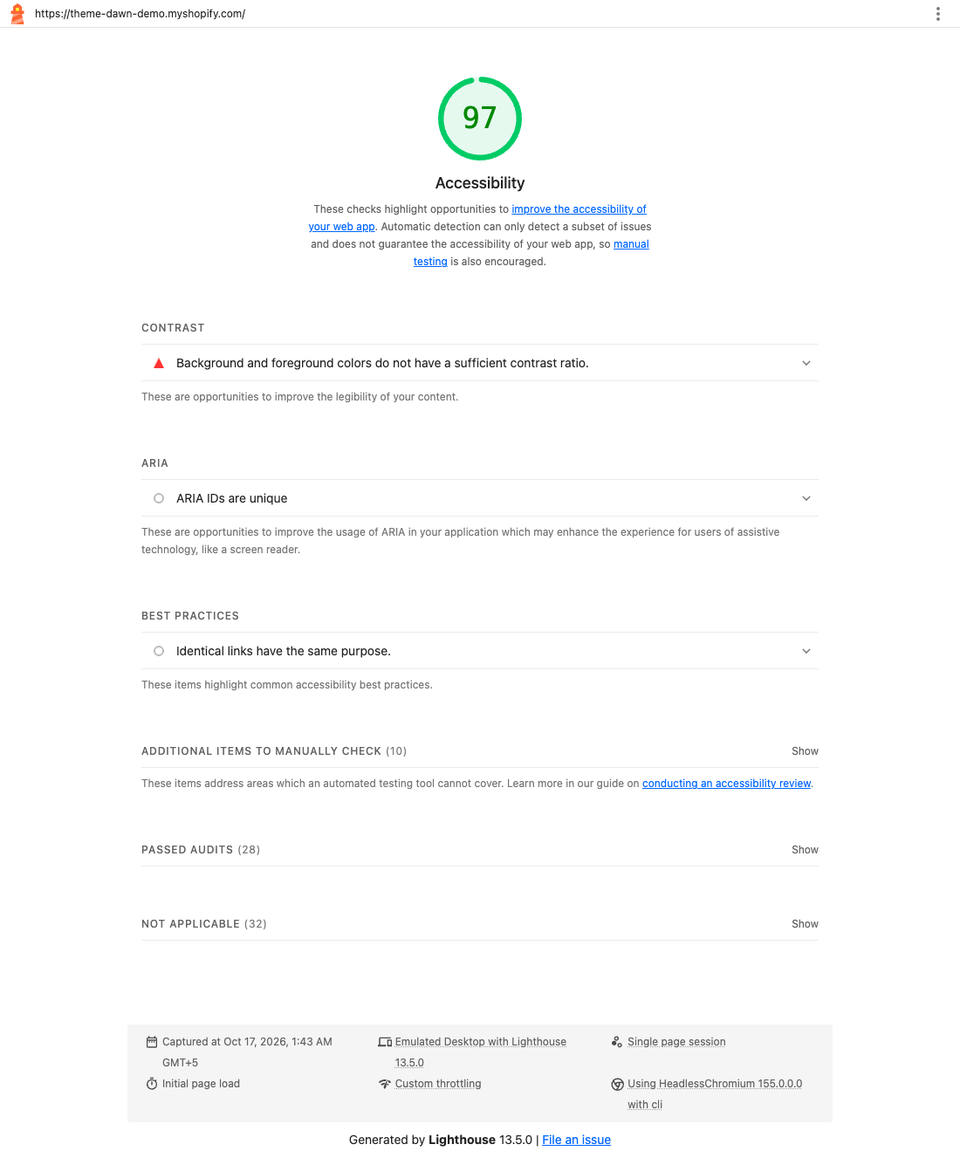 Lighthouse accessibility report: score 97, one failing contrast audit, ten items to check manually