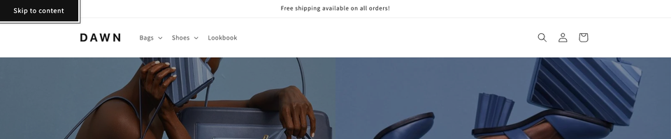 The Dawn demo store with a "Skip to content" button showing in the top left after one press of Tab