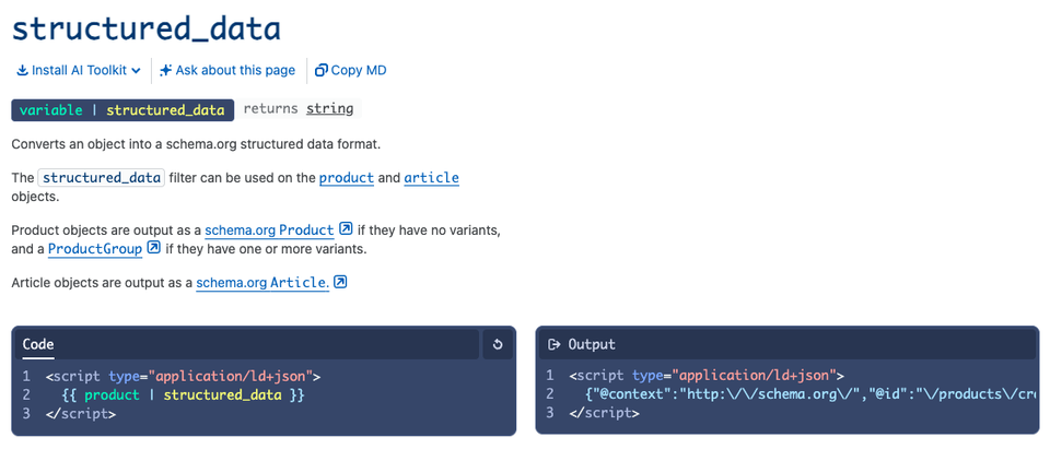 Shopify's Liquid reference page for the structured_data filter