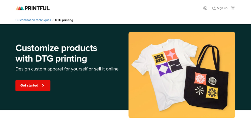 The top of Printful's DTG printing page showing a white t-shirt and a black tote bag with a printed pattern