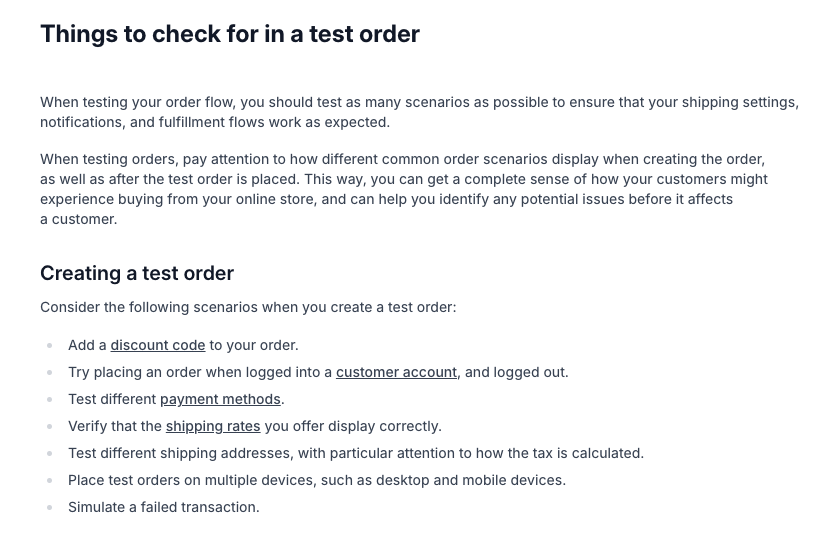 The Things to check for in a test order section of Shopify's Help Center page, listing scenarios such as discount codes, logged in and out, different shipping addresses and failed transactions.