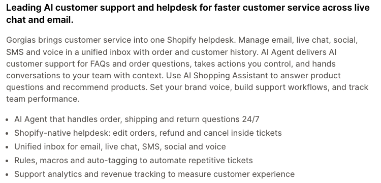 Gorgias App Store listing text describing the helpdesk, AI Agent and unified inbox