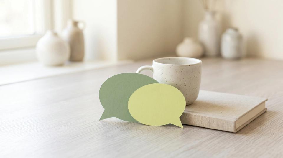 Two paper speech bubbles in green and chartreuse leaning on a speckled mug and a closed notebook