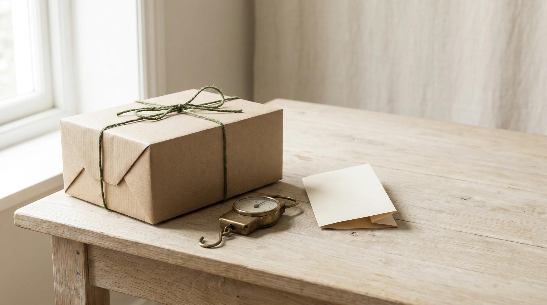 A kraft paper parcel tied with green twine on a pale oak table beside a brass hanging scale and a blank folded delivery slip