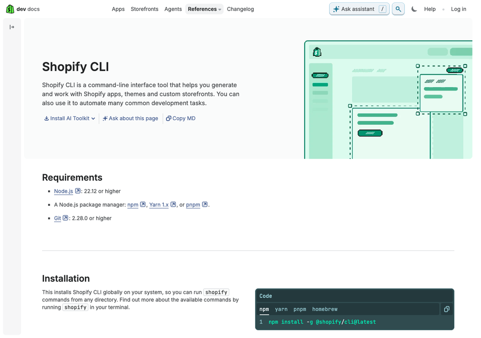 The Requirements and Installation sections of the Shopify CLI page showing Node.js 22.12 or higher and the npm install command