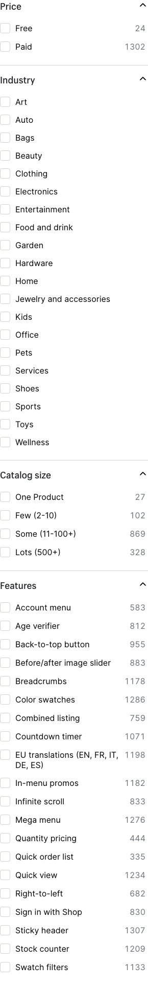 The Theme Store filter sidebar with price, industry, catalog size and feature filters and the number of themes behind each