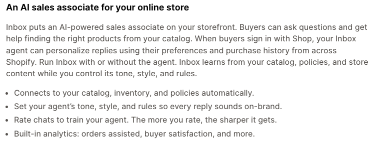 Shopify Inbox App Store listing text describing an AI sales associate for your online store
