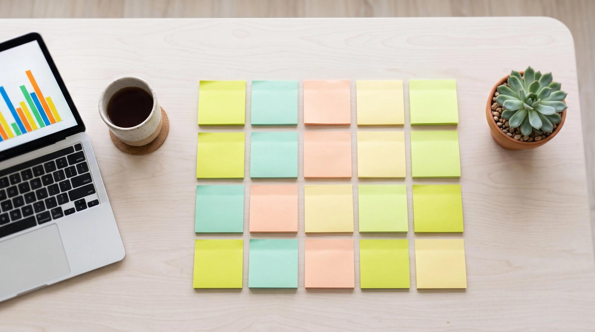 A grid of chartreuse, mint, peach and butter sticky notes on a pale desk beside a laptop showing an abstract bar chart and a coffee cup