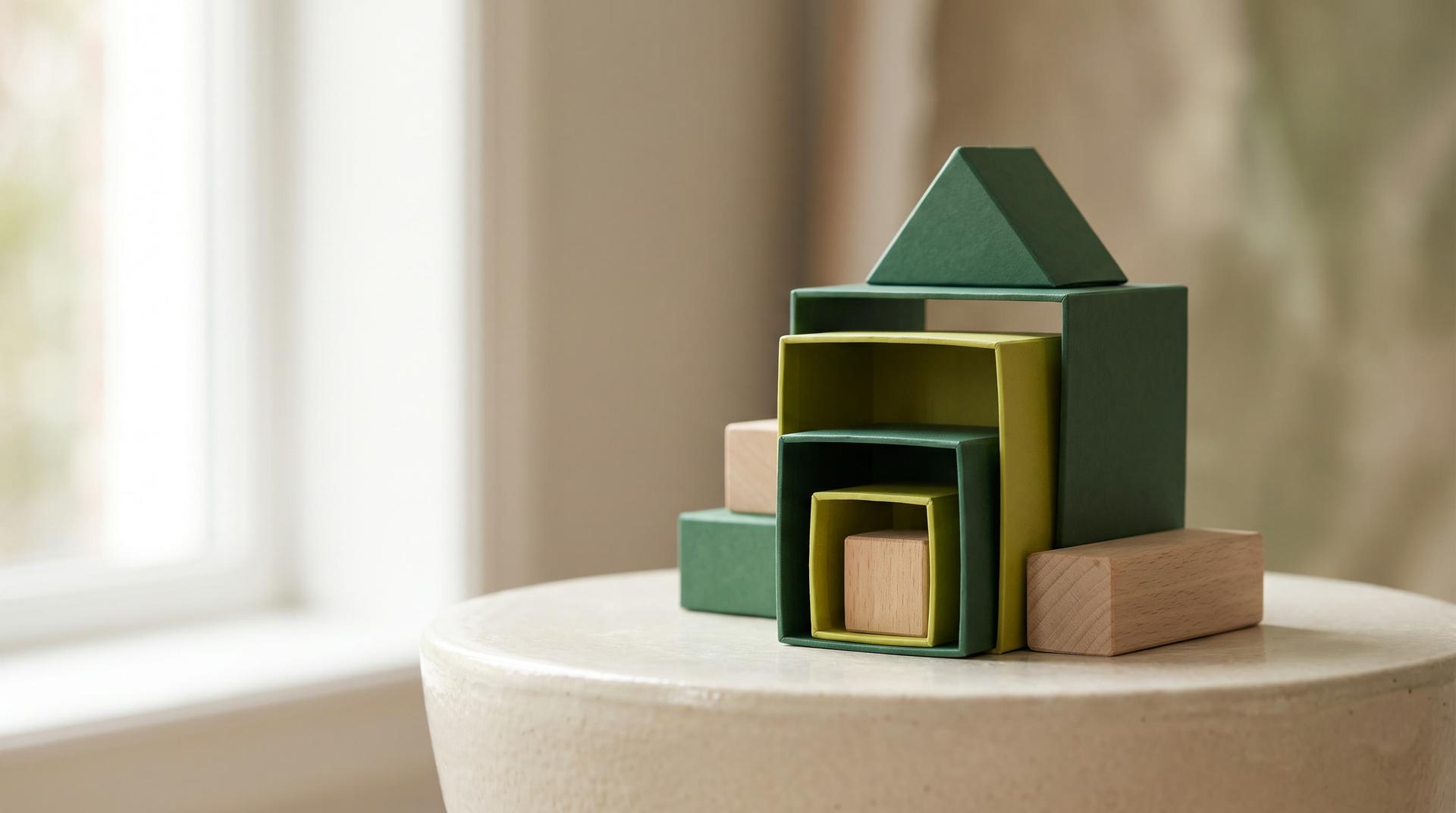 Nested green and chartreuse paper boxes with wooden blocks inside, stacked on a pale stone table beside a window