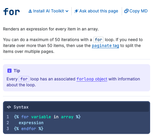 The for tag reference on shopify.dev stating the 50 iteration maximum