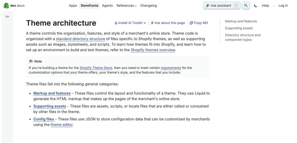 The top of the Shopify developer documentation page called Theme architecture