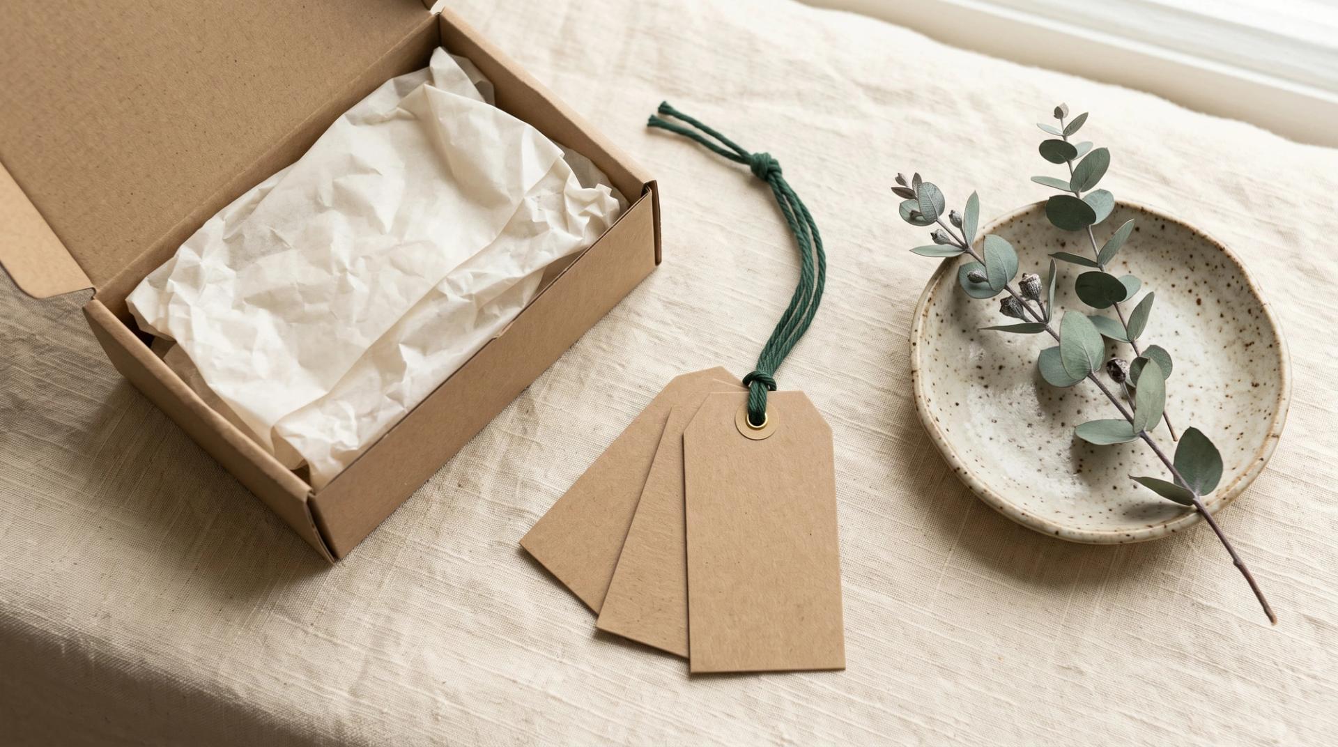 Overhead still life of an open kraft parcel, three blank paper tags tied with green string and a sprig of eucalyptus on a cream linen surface