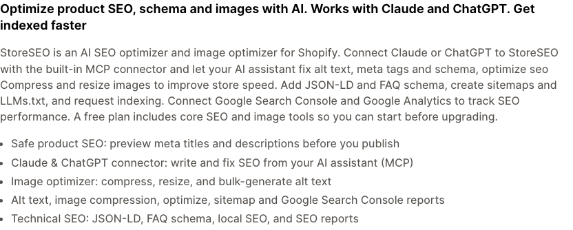 StoreSEO listing text about previewing meta tags, the MCP connector, the image optimizer and technical SEO