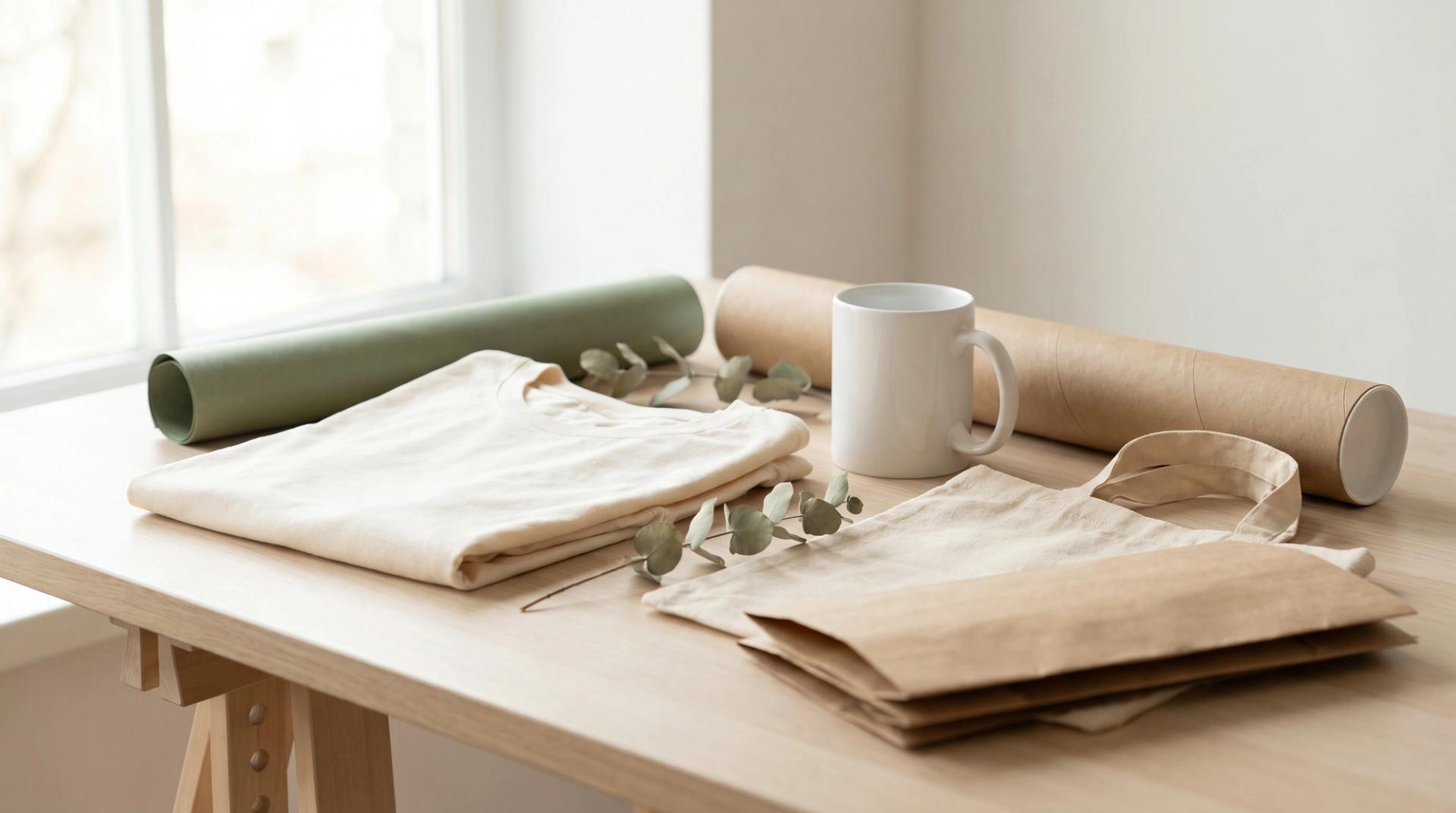 A folded plain cotton t-shirt, a white mug, a rolled poster, a mailing tube, a canvas tote and a kraft envelope on a pale wooden table in soft window light