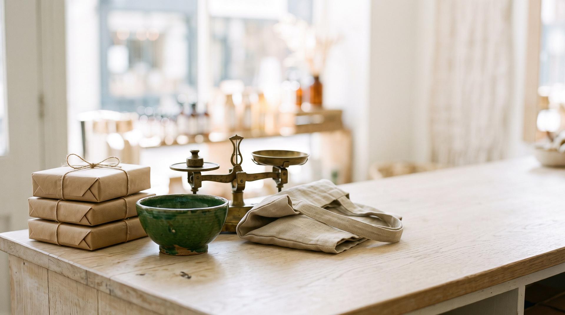 A pale oak shop counter with three kraft paper parcels tied with twine, a green ceramic bowl, a brass scale and a folded linen bag