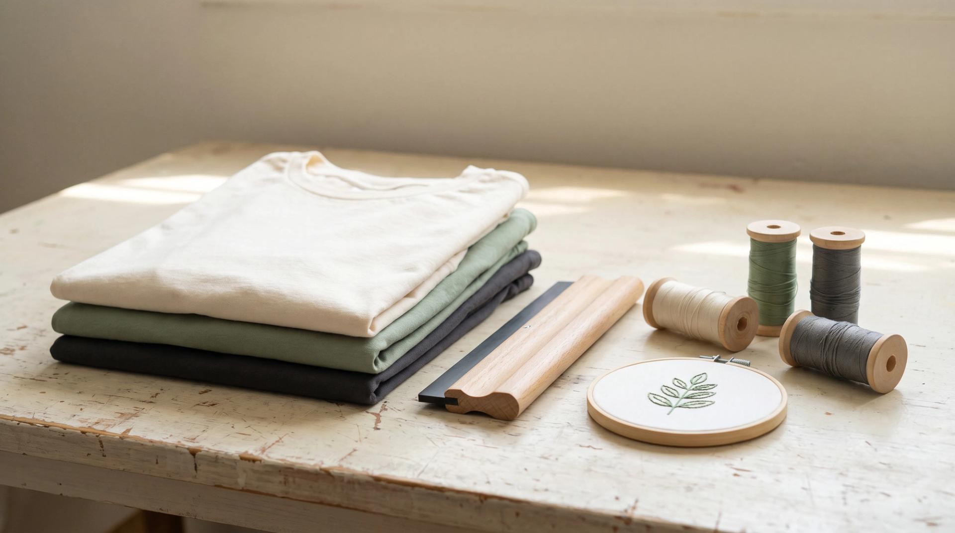 A stack of folded plain cotton t-shirts beside a wooden squeegee, spools of thread and a small embroidery hoop on a pale workbench
