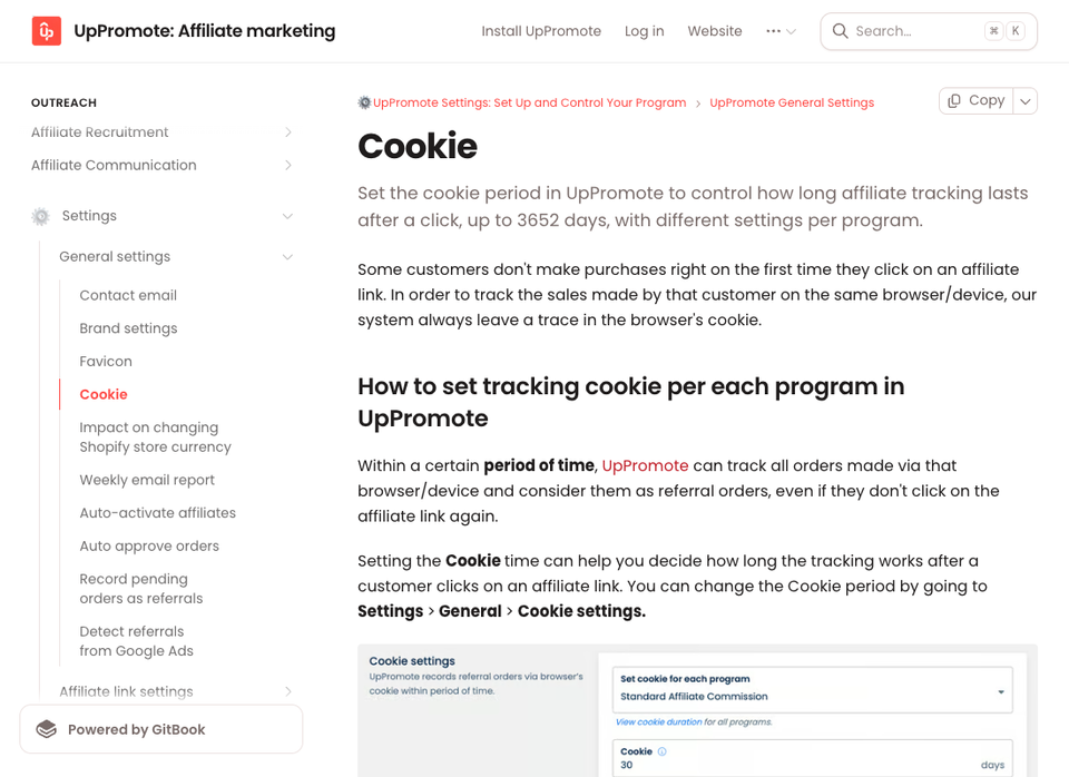 UpPromote documentation page explaining the cookie period setting