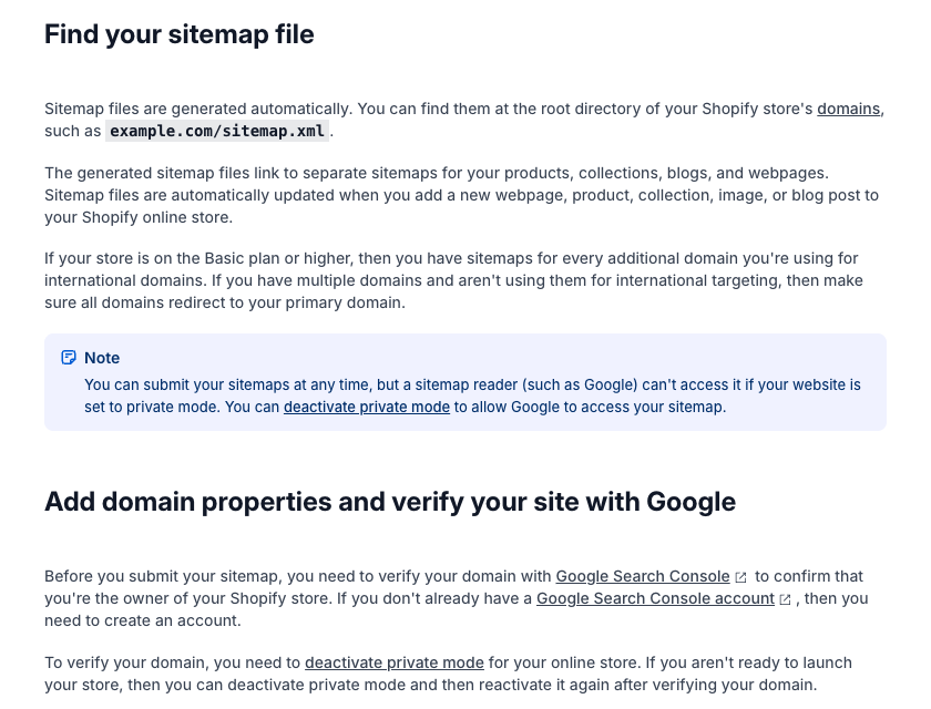 A Shopify Help Center page showing a note that a sitemap reader such as Google cannot access the sitemap if the website is in private mode.