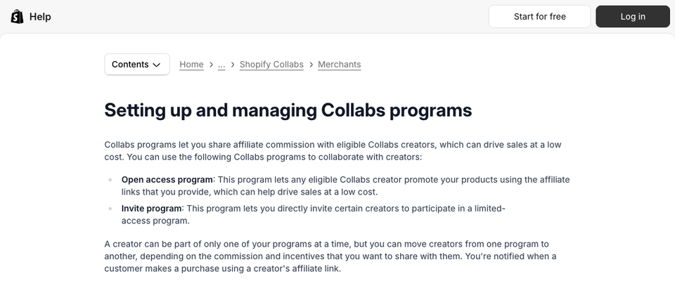 Shopify Help page explaining Collabs programs: open access and invite programs