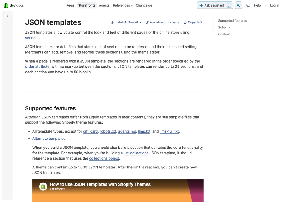 Shopify's JSON templates documentation page stating the 25 section and 50 block limits