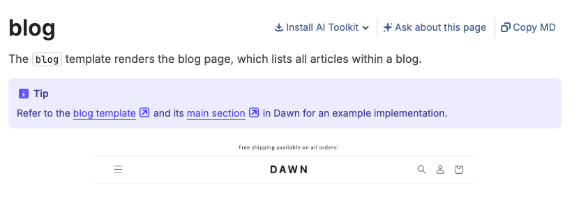 The blog template page in Shopify's developer documentation, and the start of its Dawn example