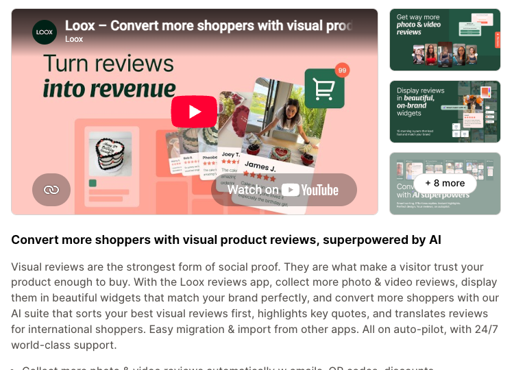 The Loox listing on the Shopify App Store, with its promo video and feature summary