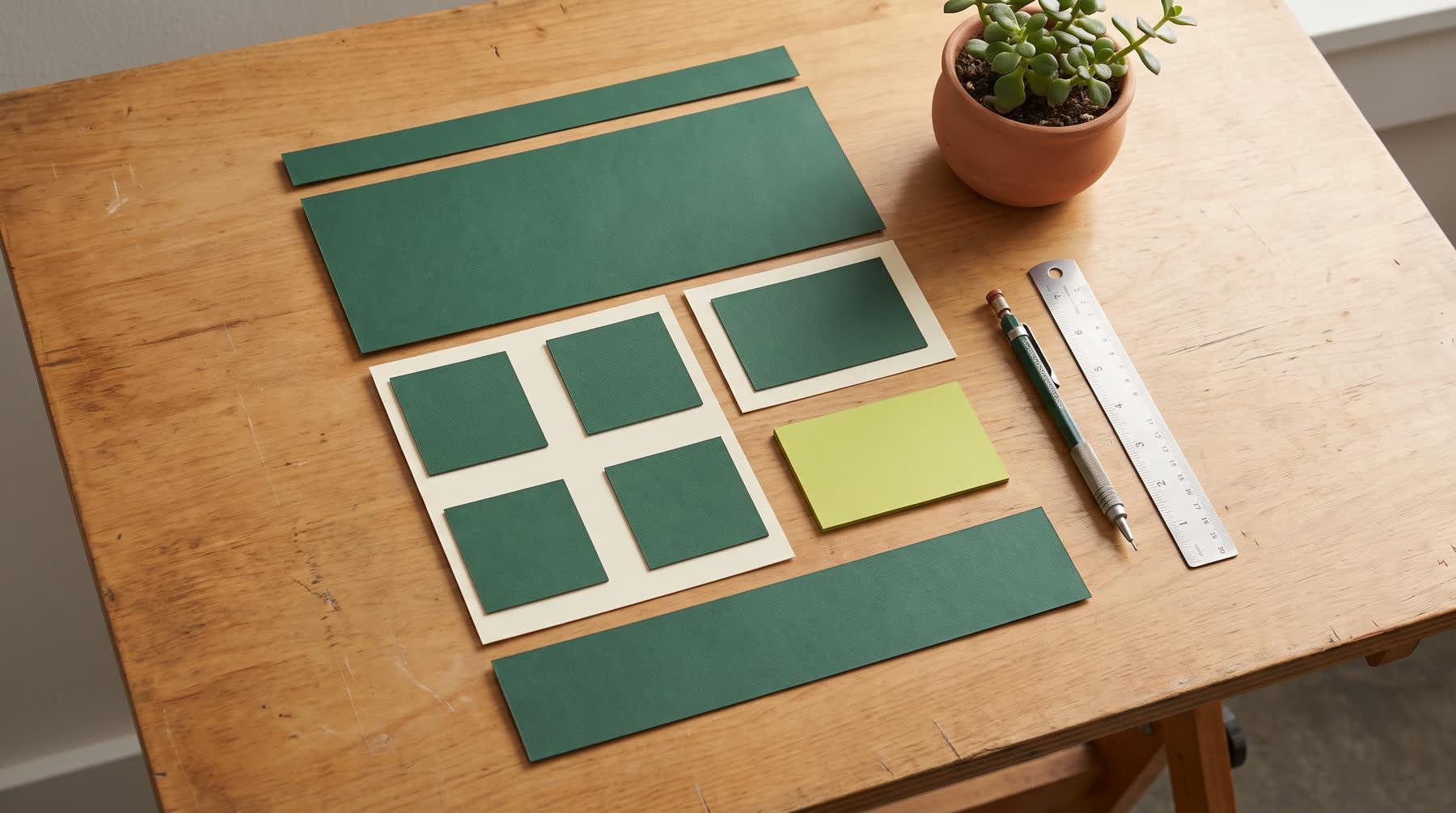 A wooden drafting table with flat green and cream paper cut-outs arranged like a website wireframe, a pencil, a steel ruler and a small potted plant