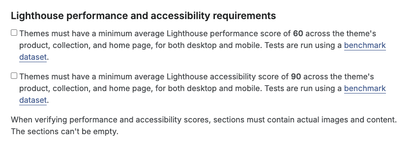 Part of Shopify's Theme Store requirements page showing the minimum average Lighthouse scores of 60 for performance and 90 for accessibility