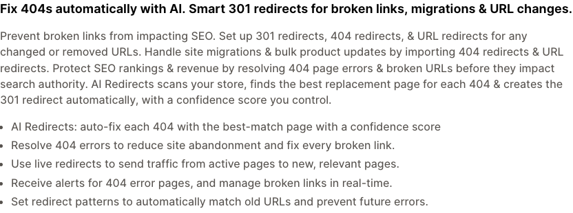 Easy Redirects listing text about fixing 404s with AI, importing redirects and setting redirect patterns