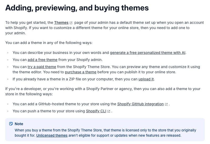 Screenshot of Shopify's help page listing the ways to add a theme: generate a free personalised theme with AI, add a free theme, try a paid theme, or upload a ZIP file.